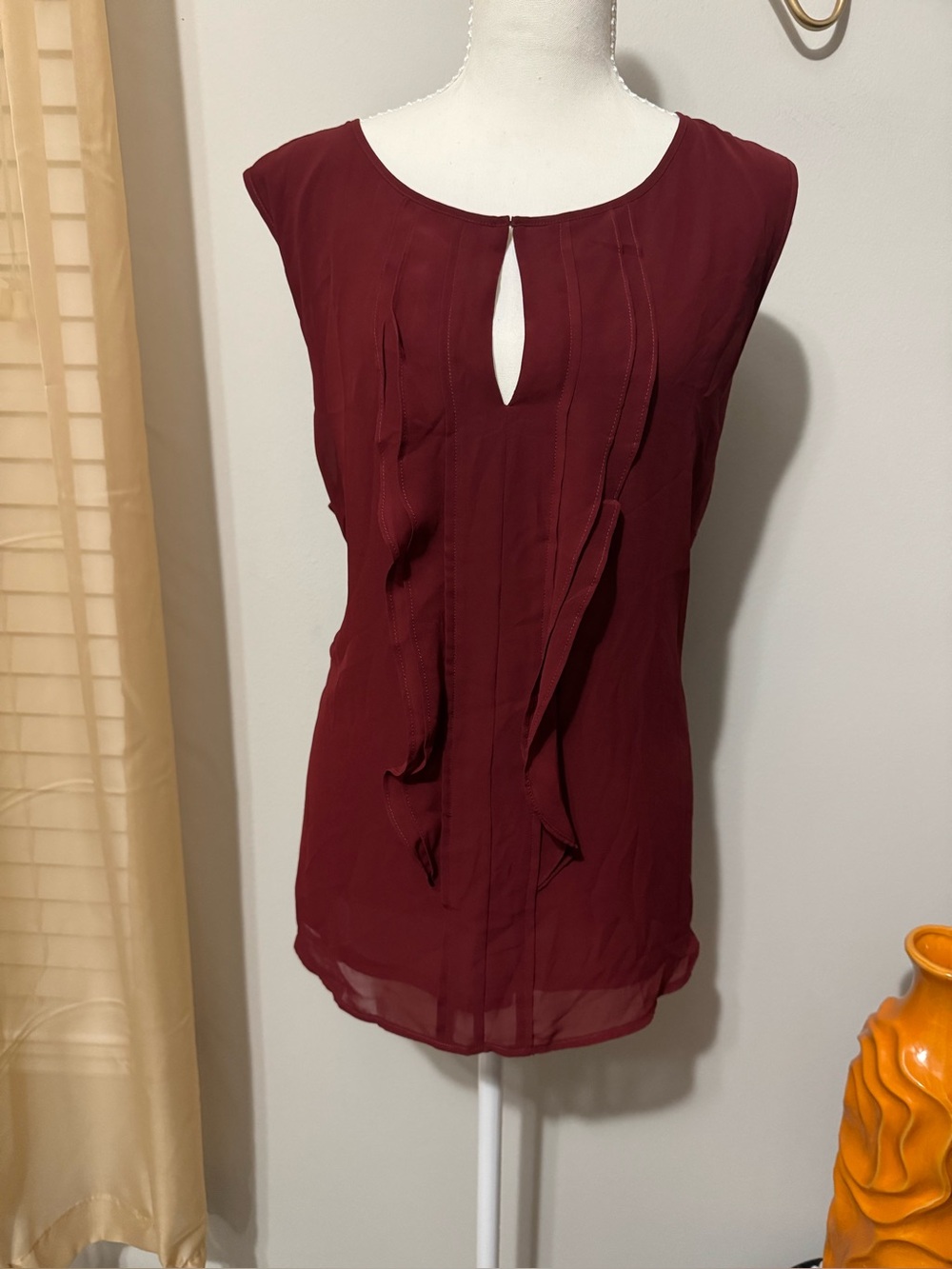 Ann Taylor Sleeveless Ruffle Keyhole Top - Burgundy
